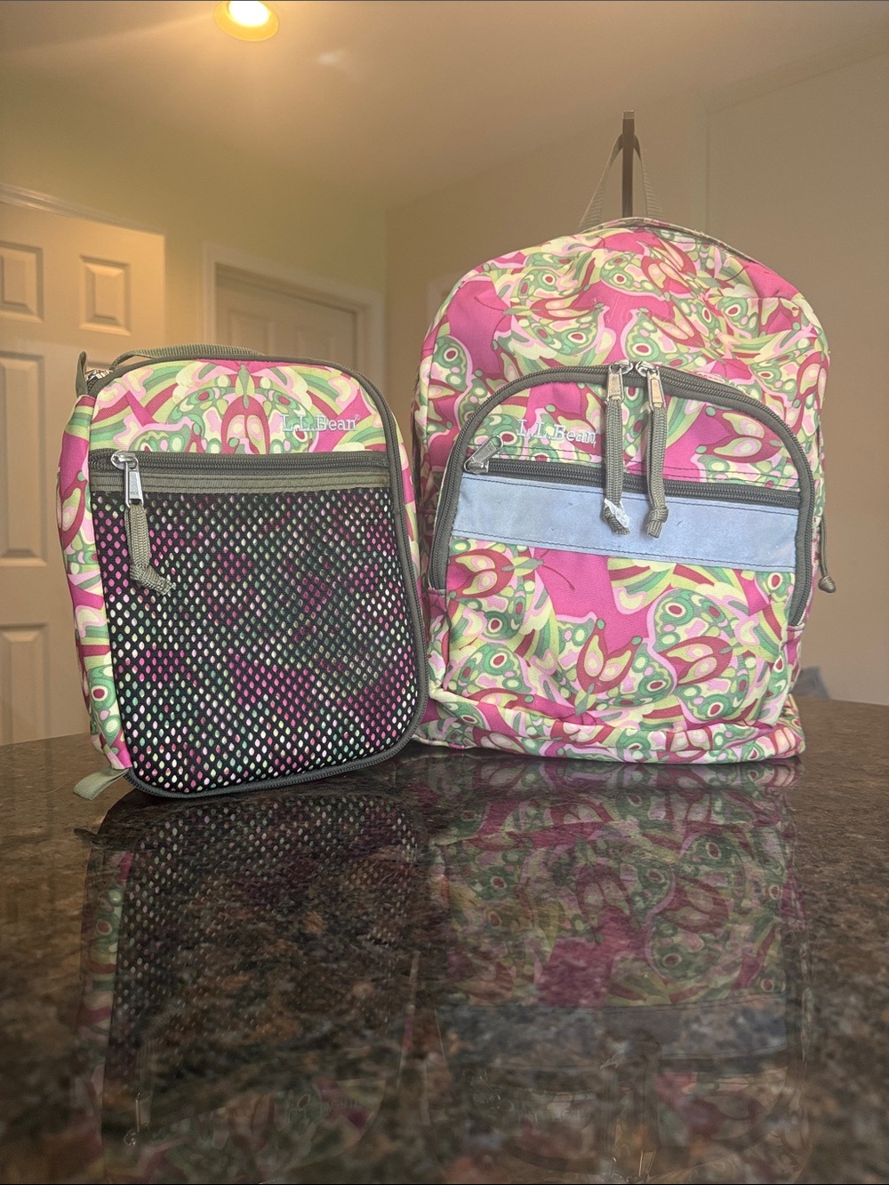 L.L. Bean Pink Green Patterned Backpack and Matching Thermal Lunch Bag
